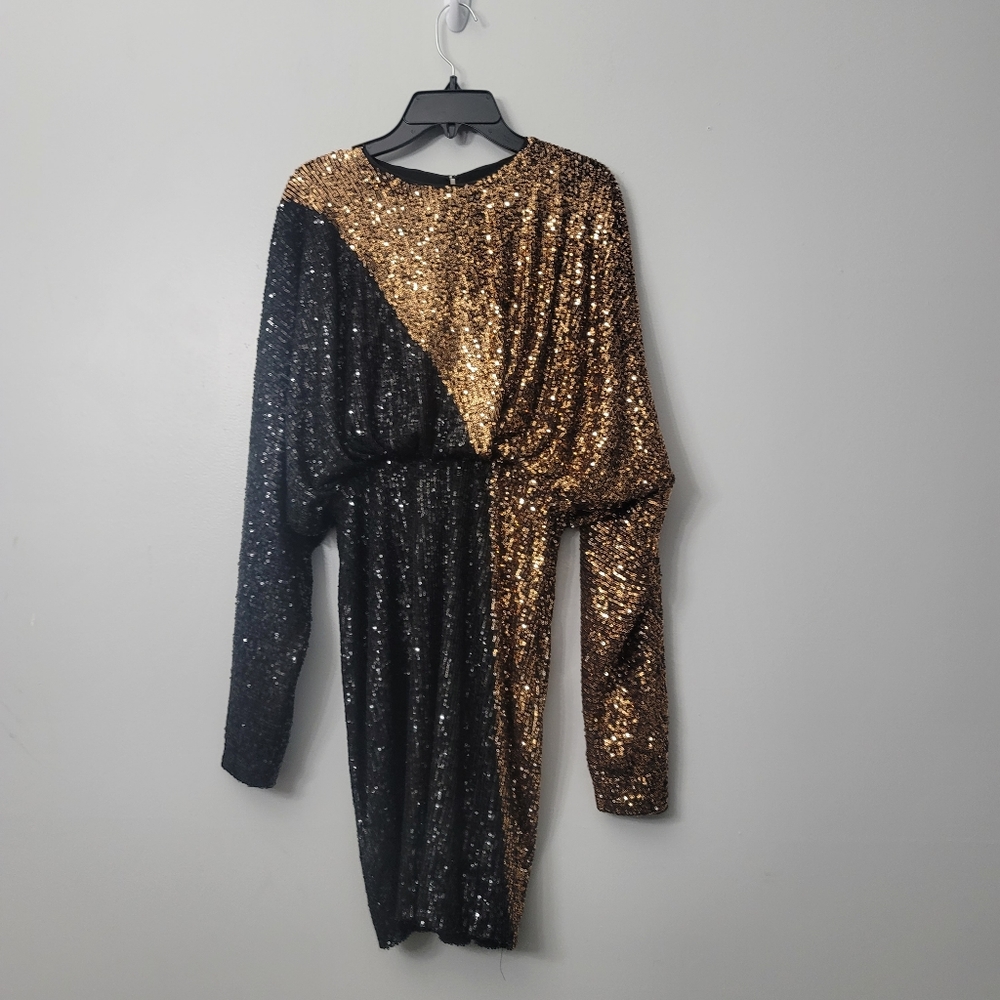 Belle BadgleyMischkaHayes Combo Sequin Color Block Crew Neck Blouson Long Sleeve - Picture 3 of 10